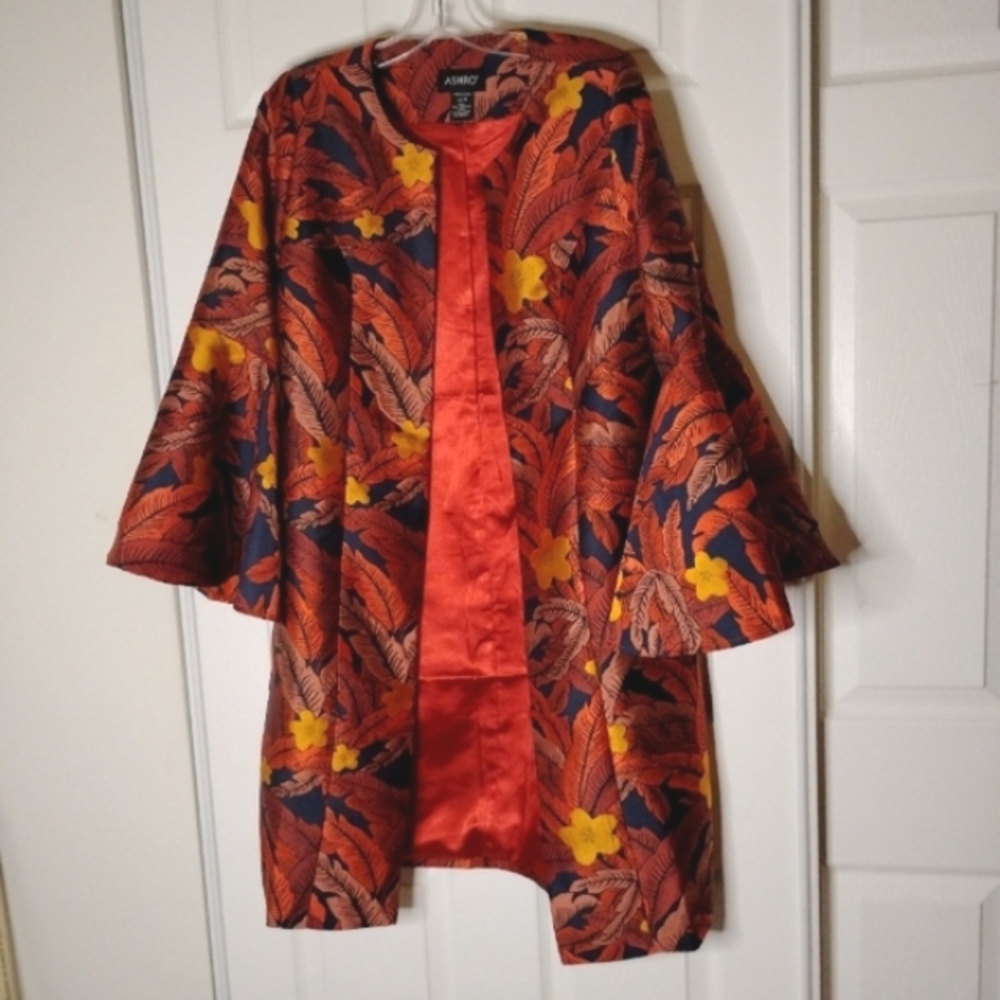 ASHRO 2PC Red Coral Dress & Bell Sleeve Floral Red Coral Black Gold  Jacket 8 - Picture 3 of 14